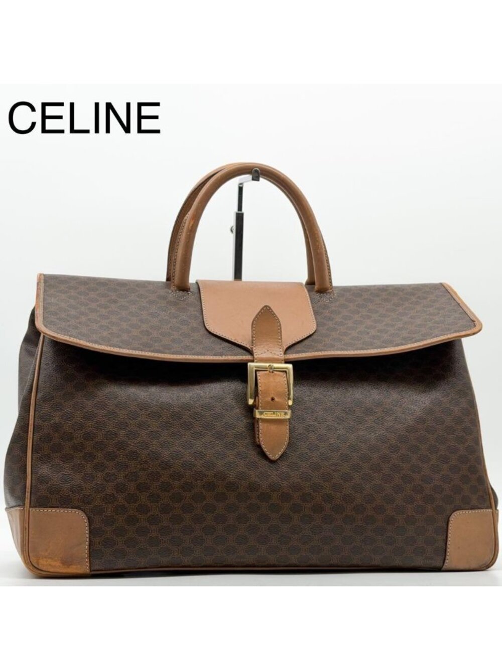 Celine Macadam Pattern Boston Bag Vintage Leather Brown Gold